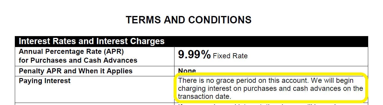 Language to look for in a credit card agreement that indicates it doesn't offer an interest-free grace period